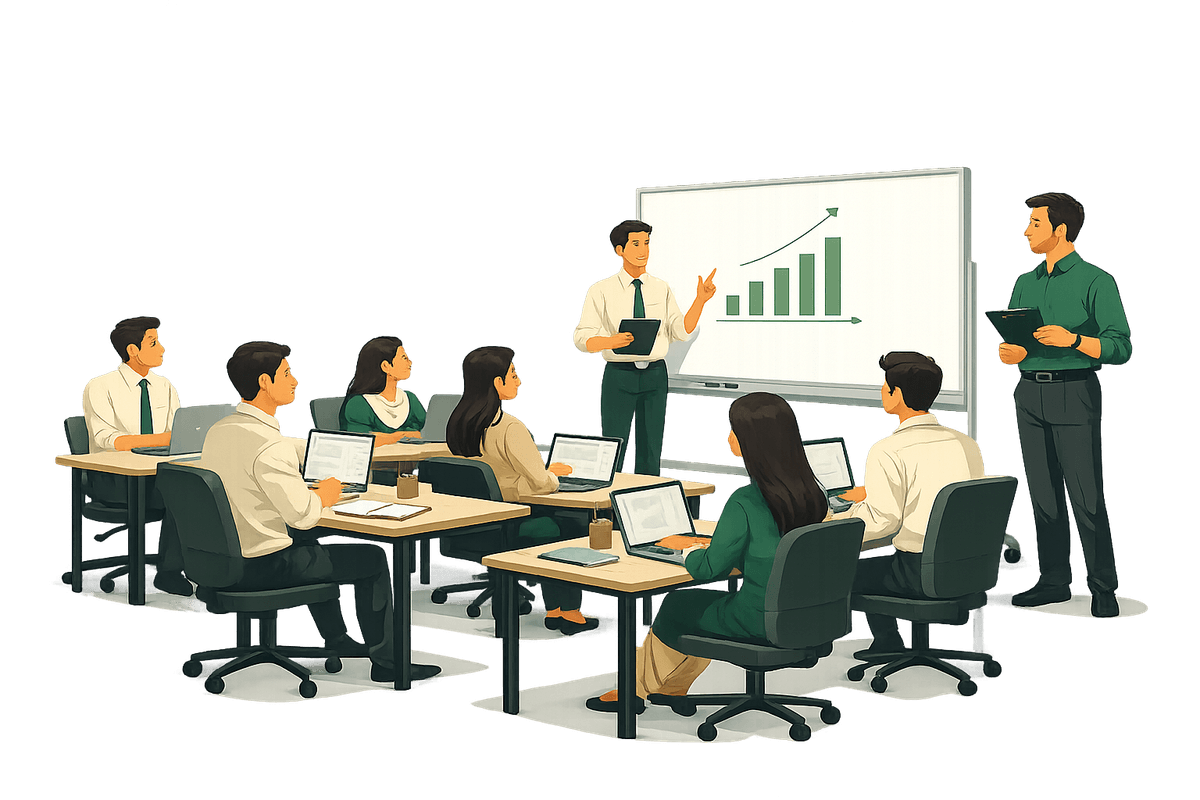 Students in a structured classroom training session with mentor